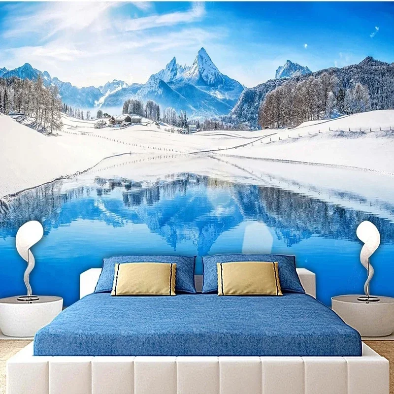 Custom Blue Beautiful Snow Mountain Scenery Photo Mural Living Room TV Sofa Study Background Wall Paper For Wall Papel De Parede
