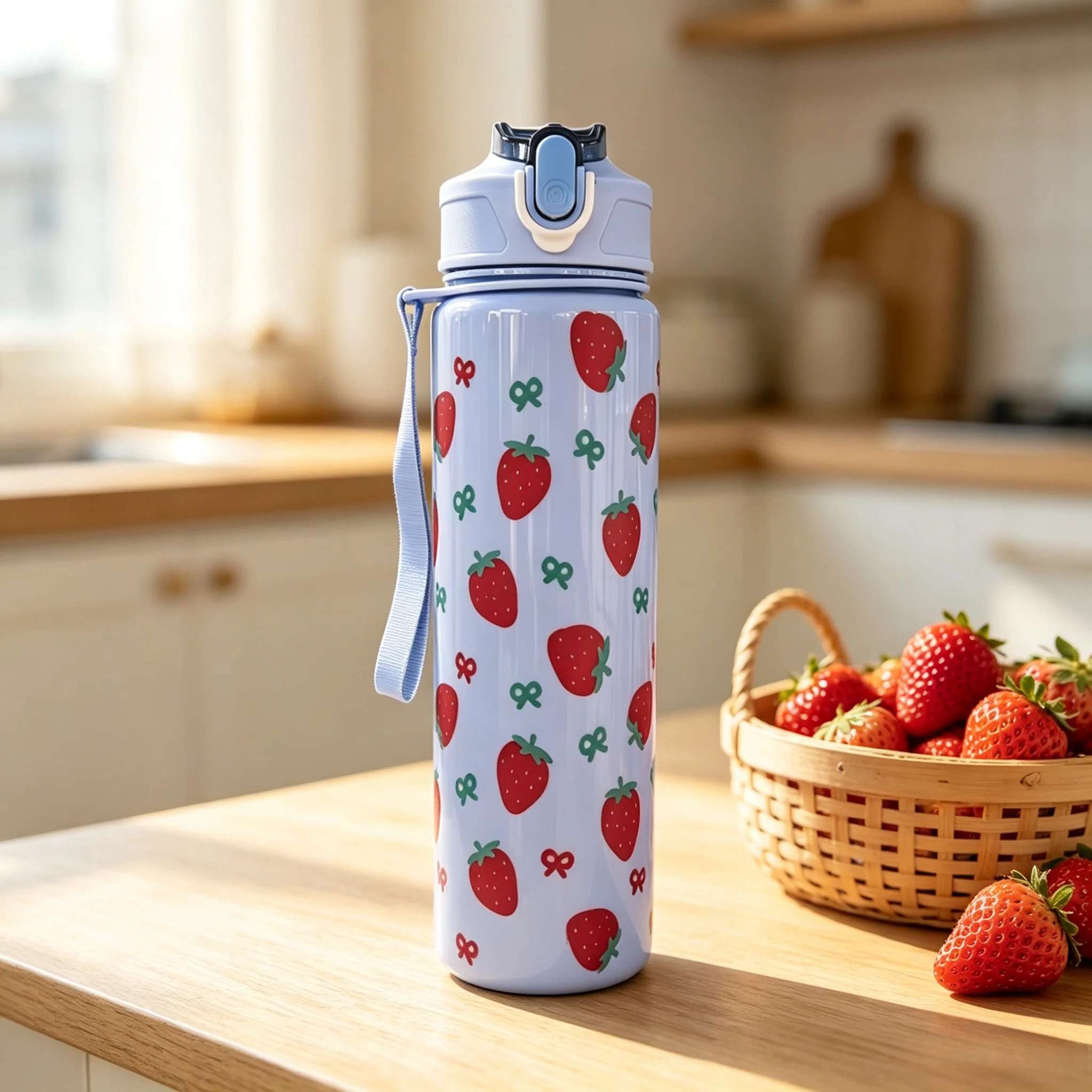 New Cute Strawberry Print 750ML Portable Leak-Proof Plastic Water Bottle,Minimalist Fashion Cup for Home,Outdoor,Travel & School