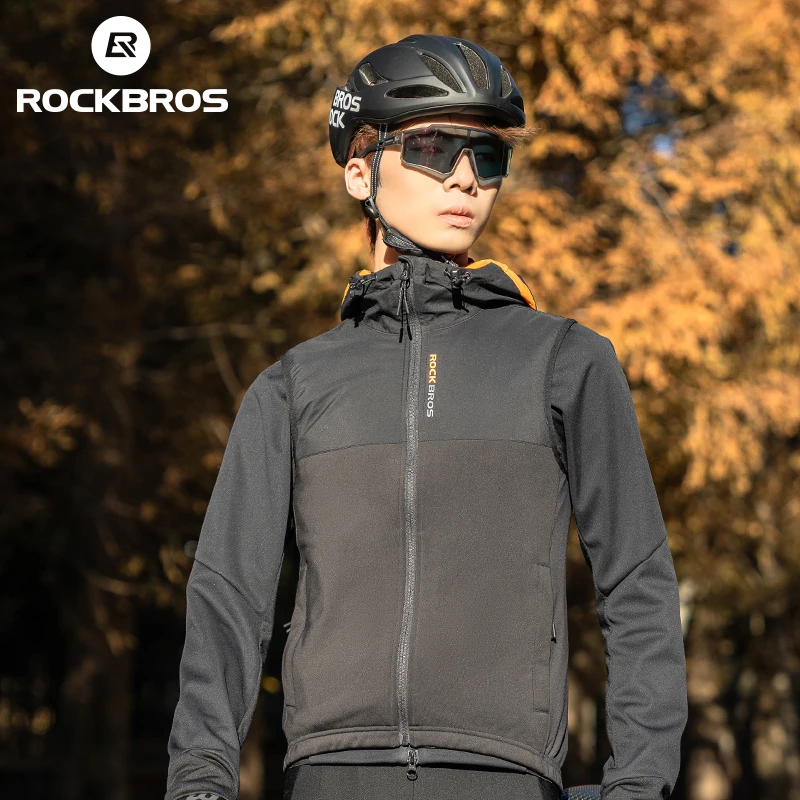 ROCKBROS осенне-зимний велосипедный жилет куртка ветрозащитное термофлисовое пальто без рукавов утепленная толстовка с капюшоном сохраняющая тепло одежда для велоспорта