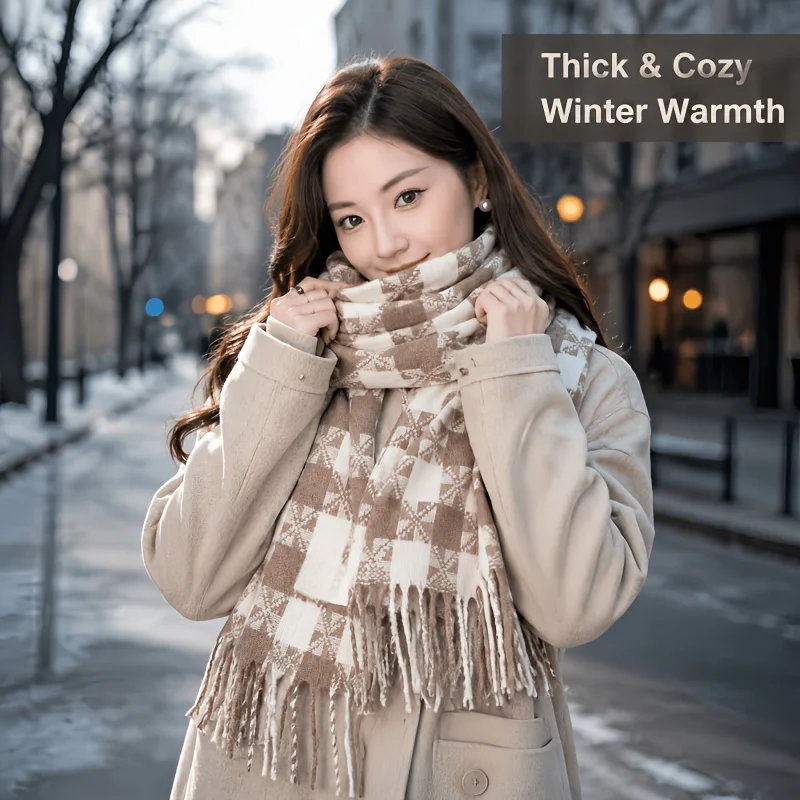 One Scarf, Faux Fringe Plaid Design, Winter Daily Warmth Outdoor Outfit, Couple, Long Thick Korean Style Shawl Snood Two-in-One,