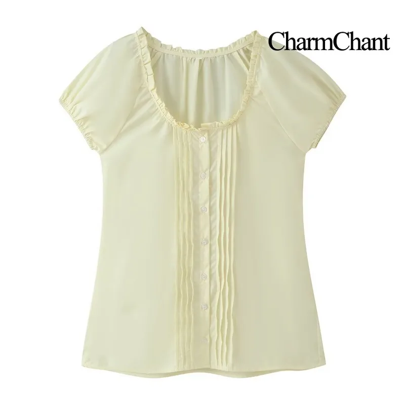 CHARMCHANT Women's Ruffle Square Neck Front Pleated Button Down Short Sleeve Blouse Lightweight Chiffon Casual Summer Top 2026
