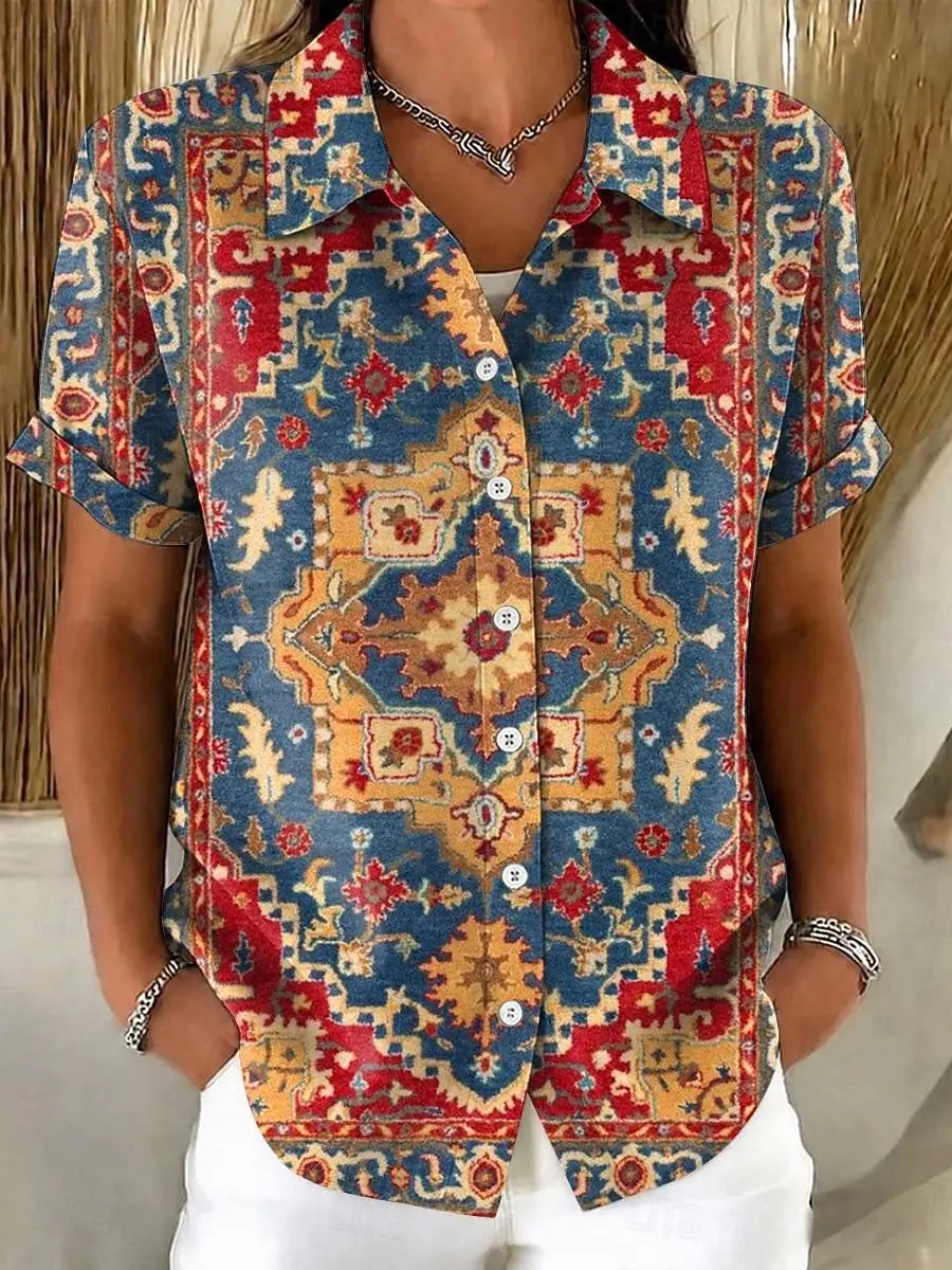 Women's Boho Ethnic Tapestry Print Button-Up Shirt, Casual Loose Blouse for Spr…