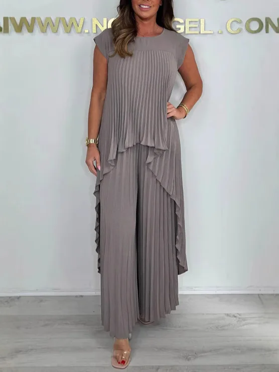 

Casual Round Neck Sleeve Top 2 Piece Set Pleated Straight Pants Set Loose Wide Leg Pants Set Matching Chic Summer Outfit