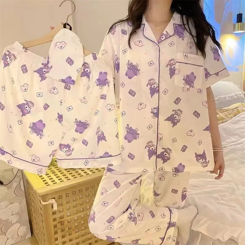 

3Pcs Sanrios Kuromi Pajamas Set Women's Kawaii Pochacco Mickey Mouse Nightwear Students Girls Short Sleeved Pants Sleepwear ﻿