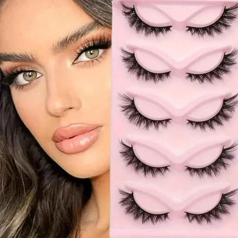 5 أزواج من الرموش الصناعية لا تسبب الحساسية على شكل عين القطة - مظهر طبيعي، رموش رقيقة وناعمة وخفيفة الوزن ومبطنة بالكامل