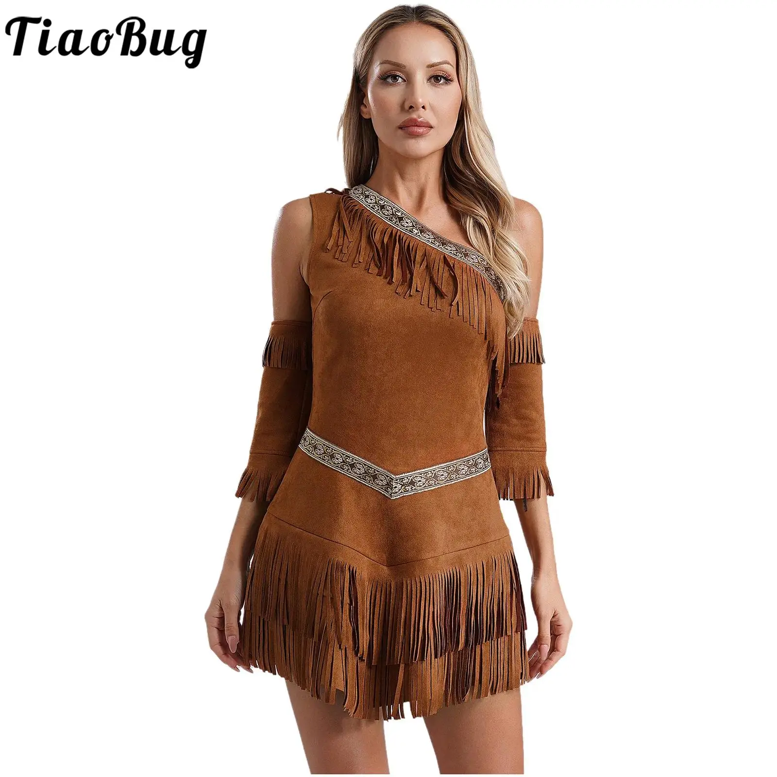 

Halloween Women Vintage Cowgirl Cosplay Costume One Shoulder Sleeveless Tassel Cowboy Dress for Party Carnival Raves Costumes