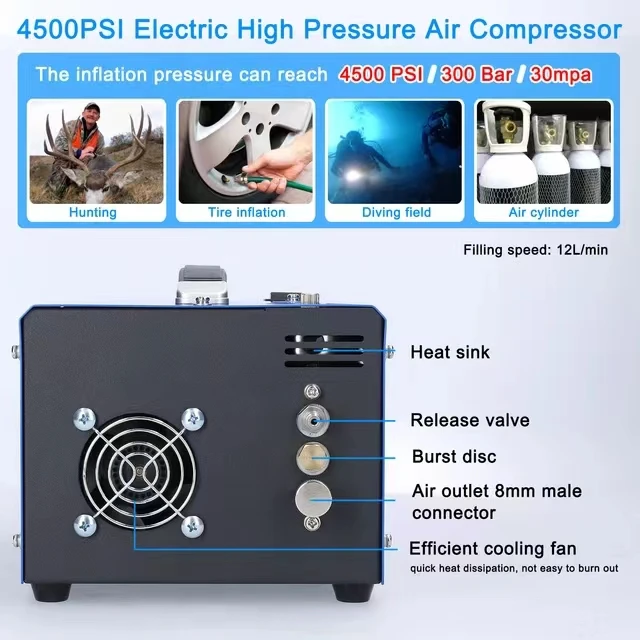 PCP compressor automatically shuts down 4500Psi/30Mpa oil-free/water-free set pressure, external power adapter pcp pump