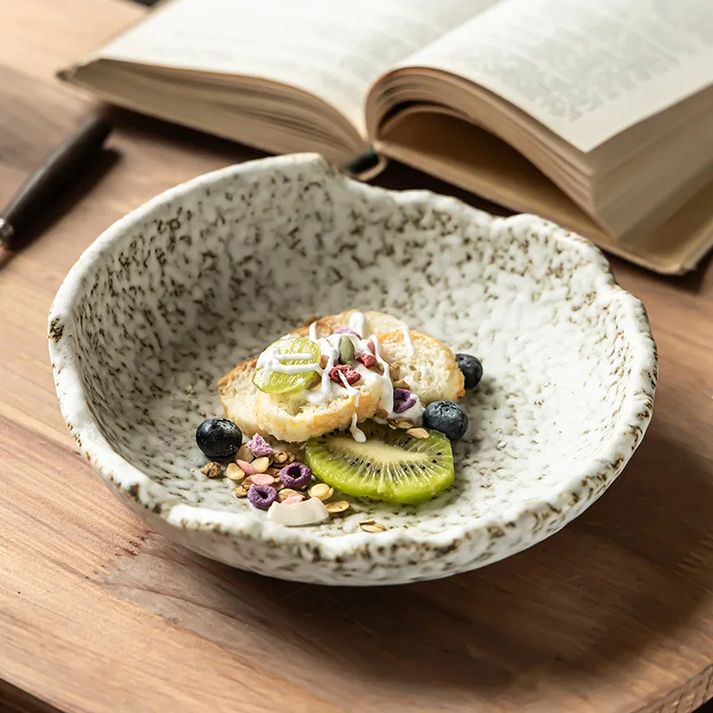 

Stone Texture Ceramic Bowl Unique Shape Handmade Pottery Salad Dish for Home Restaurant Tableware