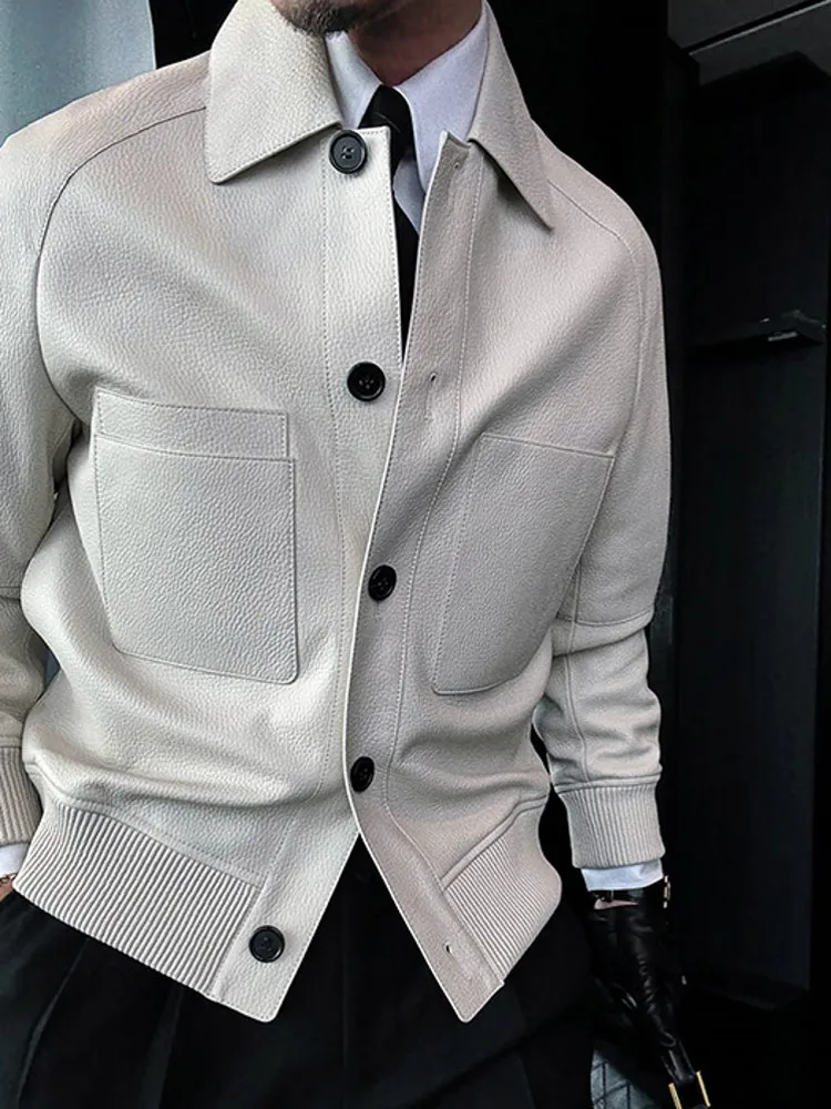 Italian Designer Mens Business Work Slim Fit Single Breasted Real Sheepskin Jacket Fashion Autumn Windproof Genuine Leather Coat