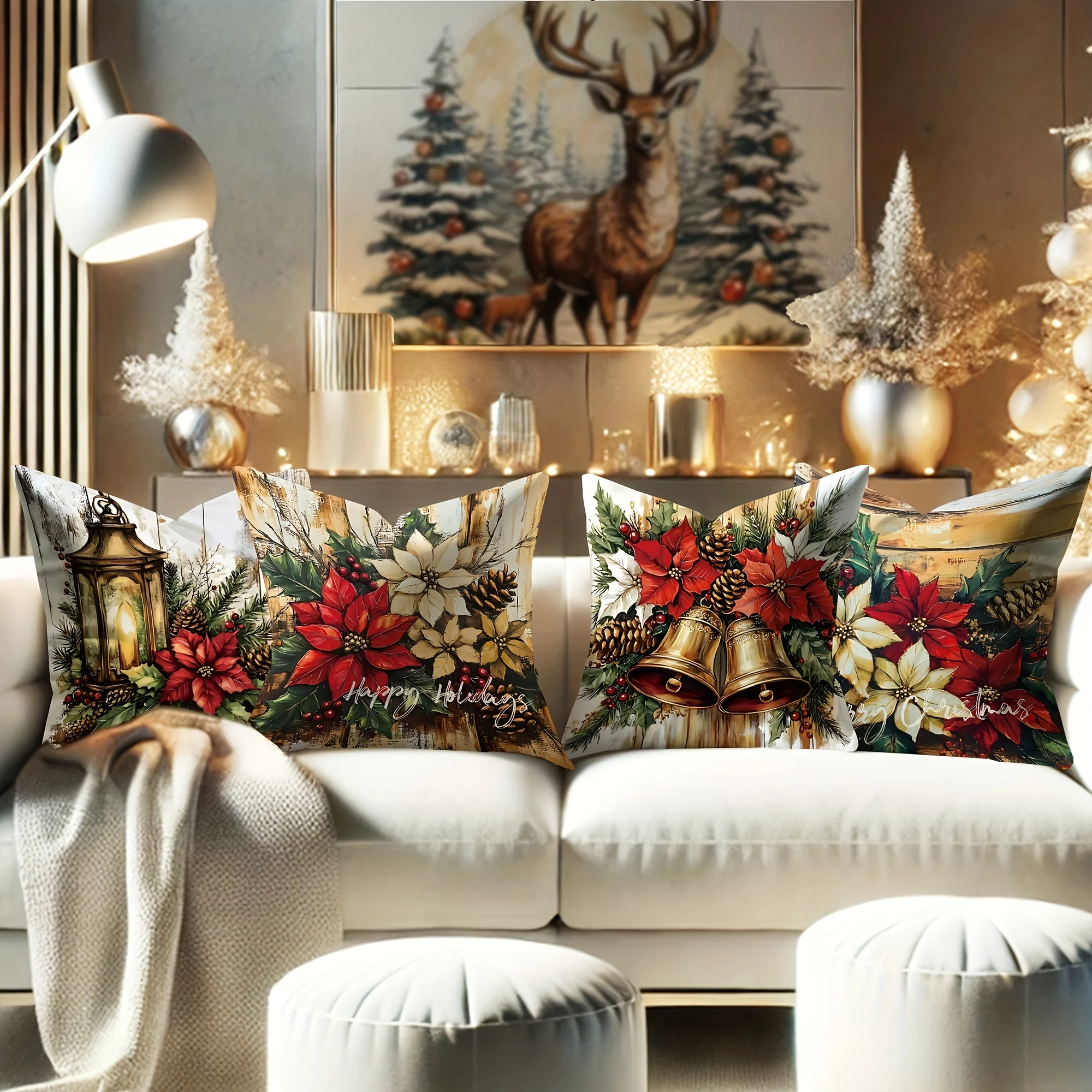 Set of 4 Christmas Pillowcases 18X18 Inches, Christmas Flowers And Holly Bells Design, Farmhouse Style, Modern Decorative