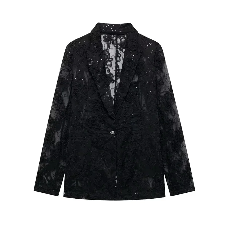 ZBZA Autumn Women's Blazer 2024 New Fashion Translucent Sequins Blazer Jacket Coat Casual Streetwear Casual Outerwear