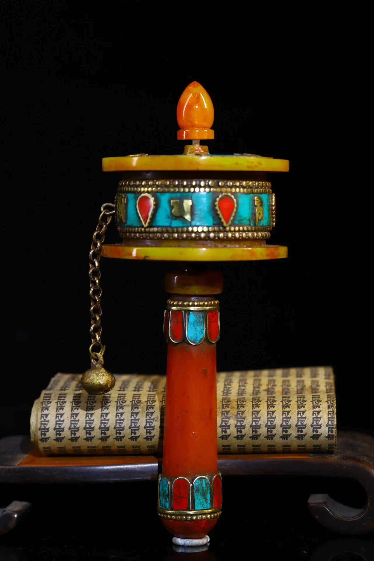 

7"Tibetan Temple Collection Old Beeswax Mosaic Gem Turquoise Six Word Proverbs Prayer Wheel Old Scriptures Town House Exorcism