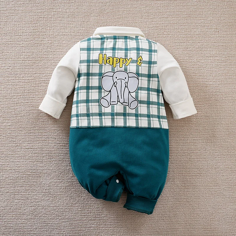 Spring And Autumn Newborn Boys And Girls Gentleman Style Handsome Checkered Toddler Cotton Long Sleeved Baby Bodysuit