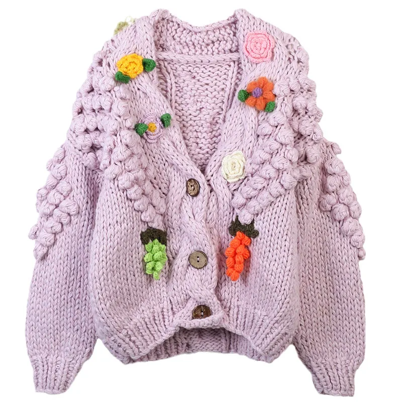 

Knitted cardigan jacket women Retro 2025 autumn/winter casual loose lazy V-neck Flower Hand Hook thick basic Simple