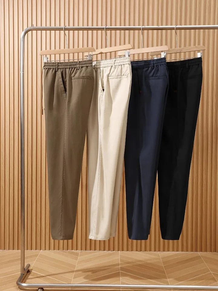 

Busin Casual Men's Pants High End Breathable Drapey Silk Linen Spring Summer Straight Leg Long Trousers