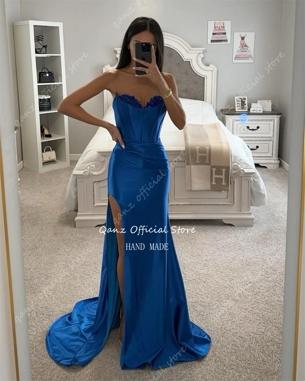 Qanz Sexy Evening Dresses Strapless Slit Satin Corset Back Vestido Festa Mermaid Vestidos Para Eventos Especiales Customized