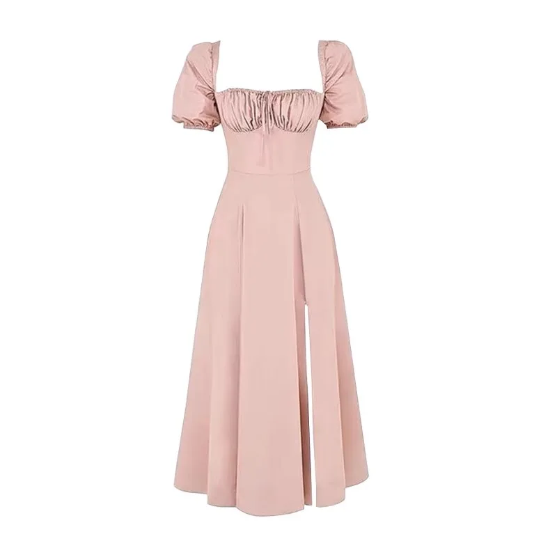 فستان وردي لاستراحة الشاي للنساء بياقة مربعة وربطة عنق وخصر عالي وفتحة متوسطة الطول تنورة على شكل حرف a من ألياف البوليستر نم...