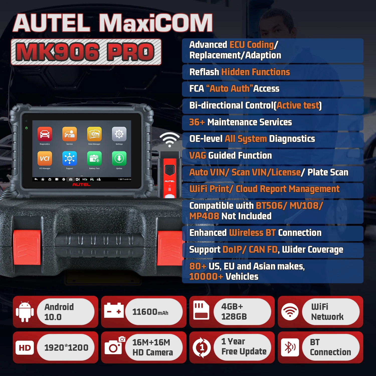 Autel MaxiCOM MK906 PRO Auto Scanner 2024 Newest Release Diagnostic Tool Multi-Language Support ECU Coding