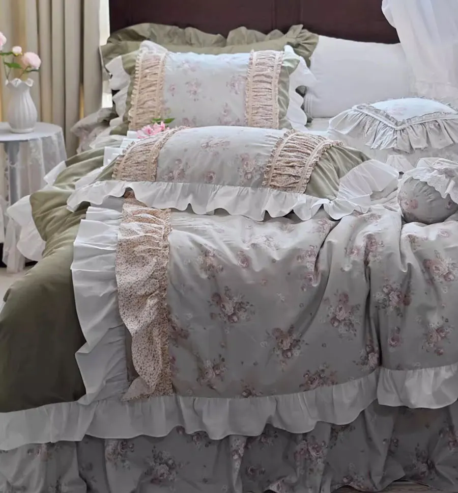 

Romantic pastoral floral bedding set,full queen king retro ruffled flower cotton home textile bedspread pillow case duvet cover