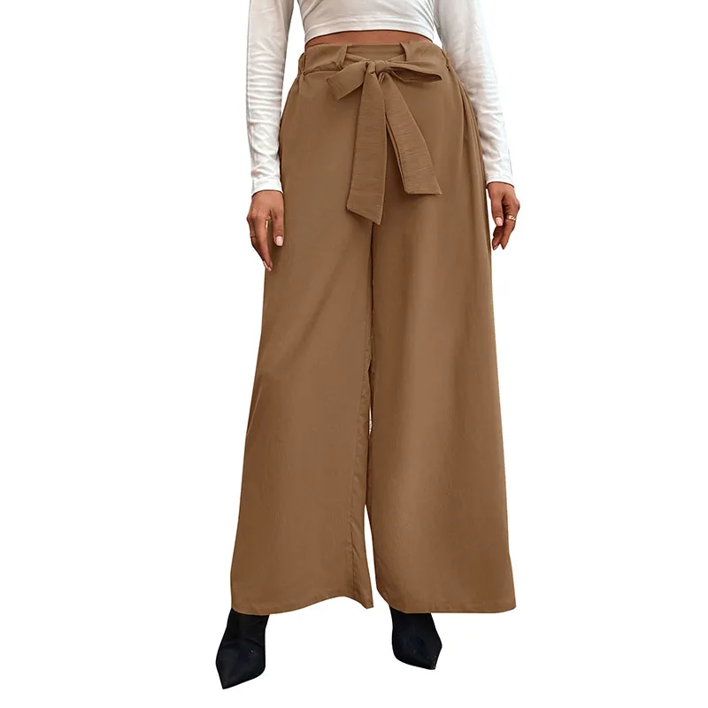 Solid color lace up high waisted straight leg wide leg pants, simple and high-end versatile pants YYW-S8815037