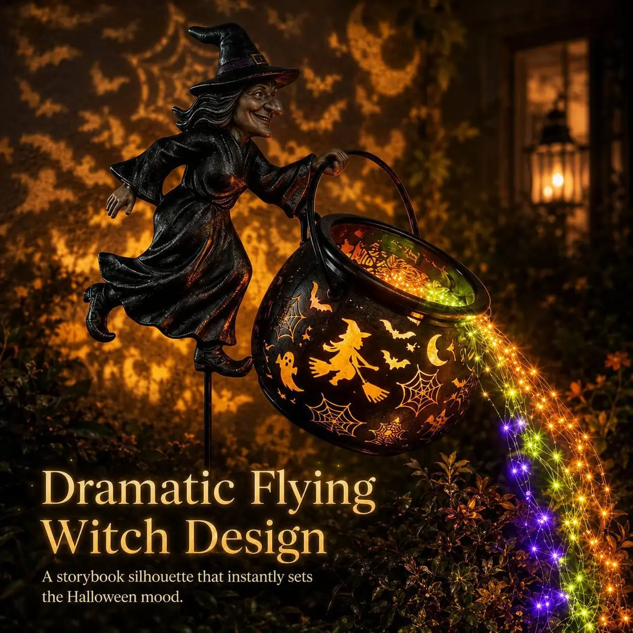Magical Flying Gnome Cauldron Garden Light LED String Light Halloween Outdoor Decorations Whimsical Gnome Statue, Patio Yard Art