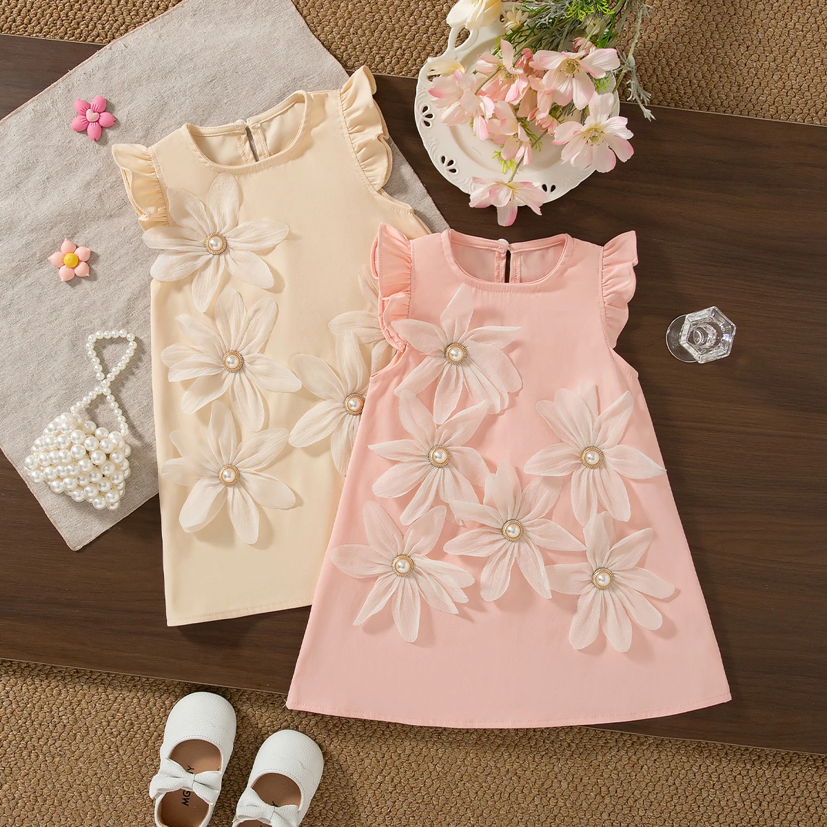 

Милое платье с цветочным принтом для маленьких девочек, новая летняя однотонная детская одежда (от 9 месяцев до 4 лет)