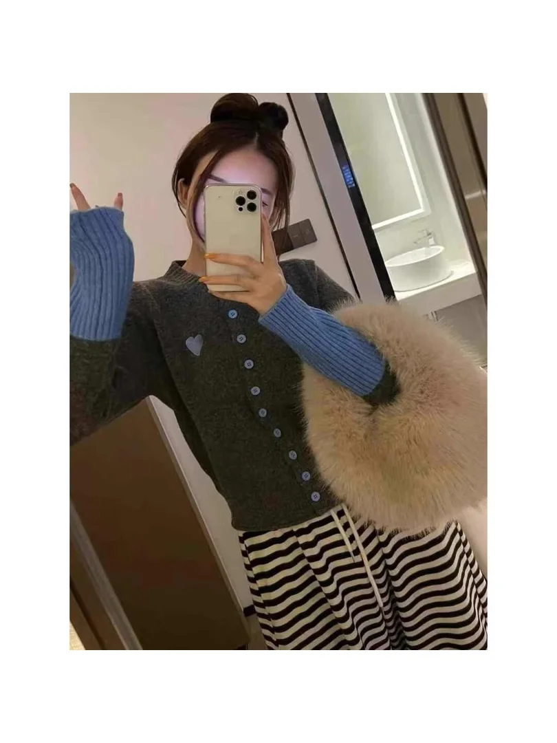 Women's Knitted Long Sleeve round Neck Sweater Color Block Slim Fit Autumn Winter New Style Soft Polyester Open Cardigan Top