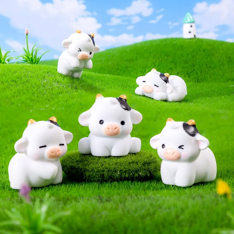 6PCS Noctilucent Small Cow Resin Miniature Figurines Luminous Mini Cows Moss Microlandscape Decoration Fairy Garden Home Decor