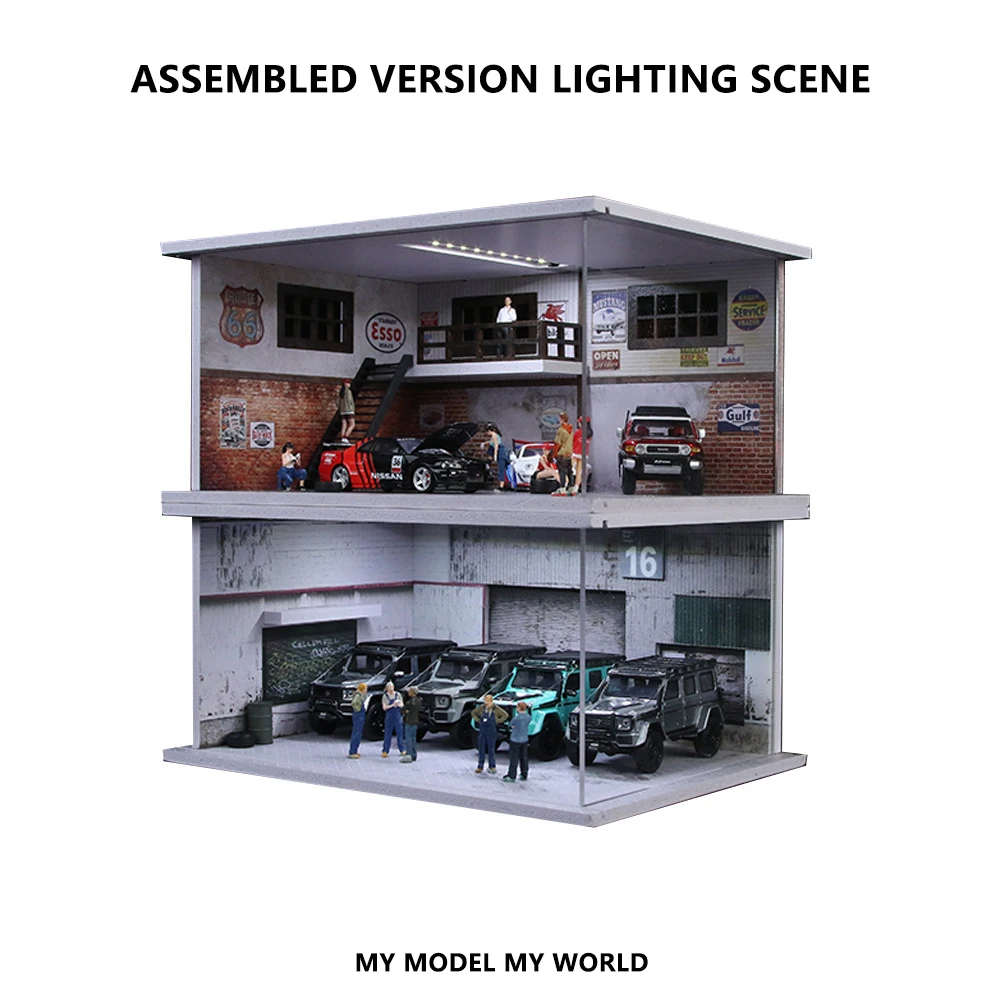 1:64 Car Garage Diorama Model New Series LED Light-Up Scene Diorama - Realistic Miniature for Diecast Display & Collectors