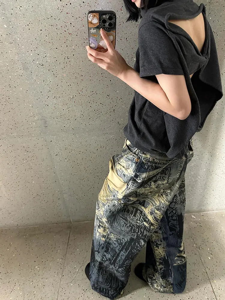 Vrouwen Vintage Baggy 3d Print Jeans Japanse Y2K Streetwear Harajuku Denim Broek Hip Pop 2000s Wijde Pijpen Cyber Punk Broek