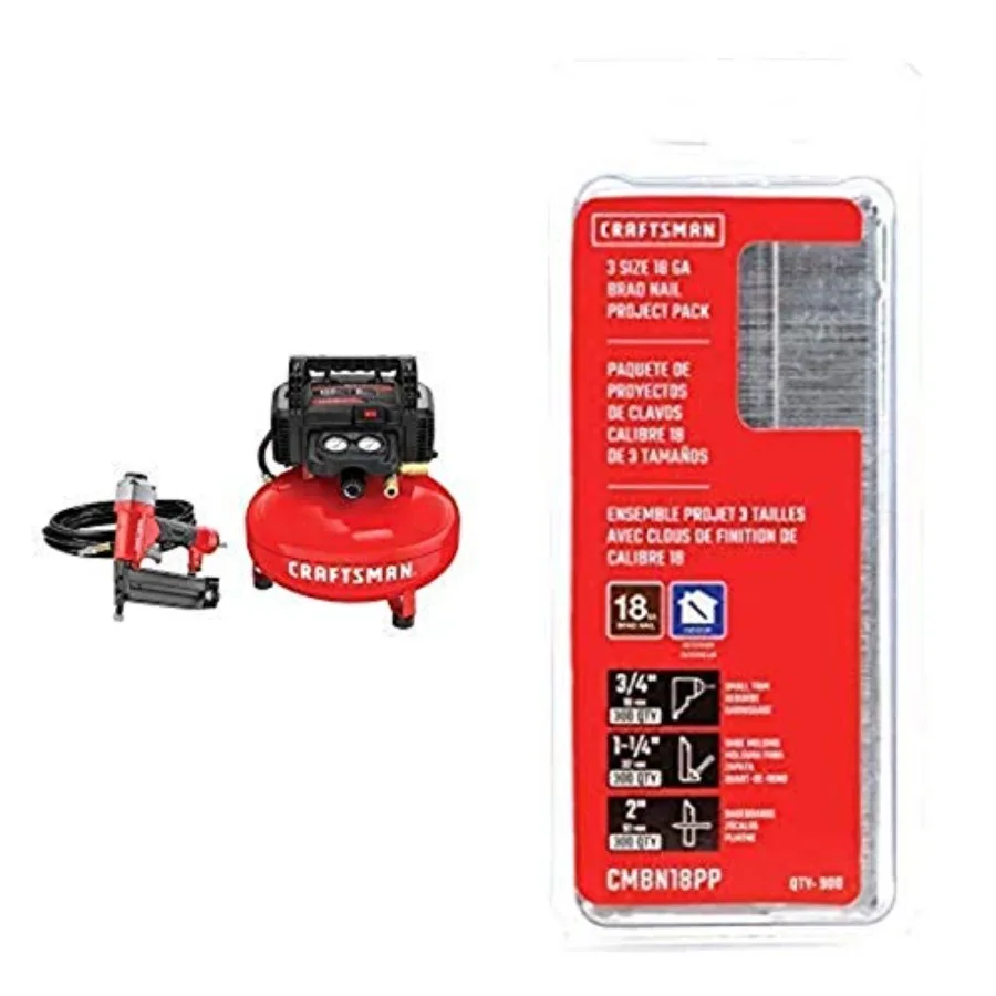 

Комбинированный комплект воздушного компрессора с набором для гвоздезабивателя для деревообрабатывающих проектов, серый металлический корпус, компактный дизайн, включает 18-предметный набор.