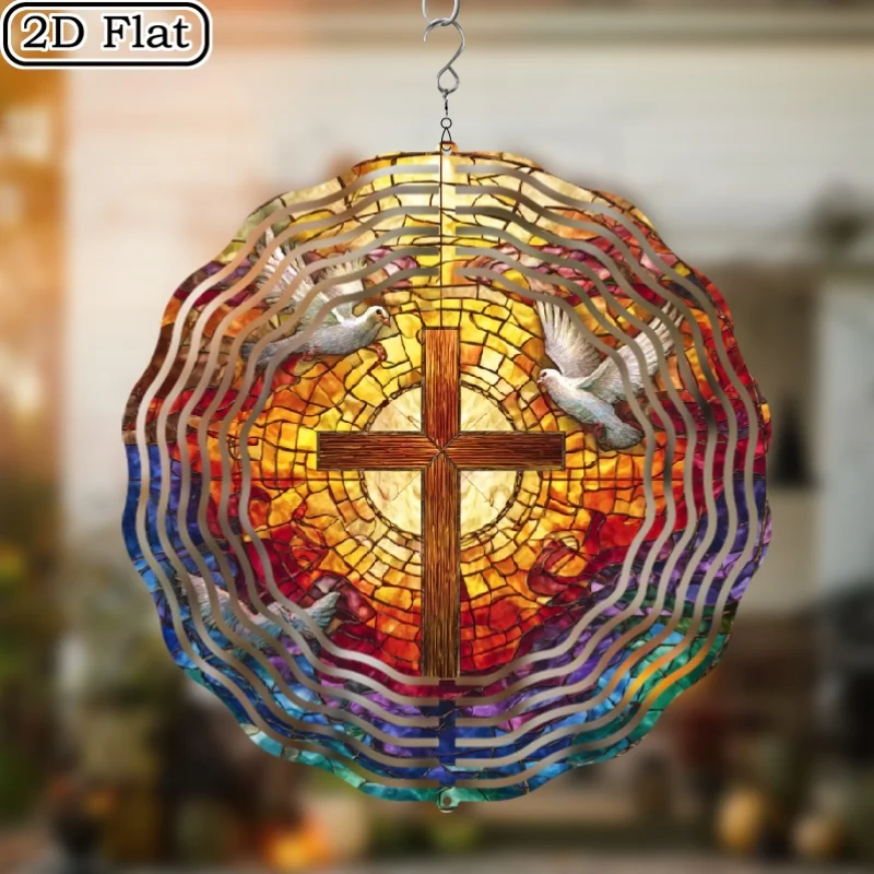 Cross And Dove Design Kinetic Wind Spinner, Metal Wind Chime with Rotating Hook, Suitable for Garden Art Patio Decoration