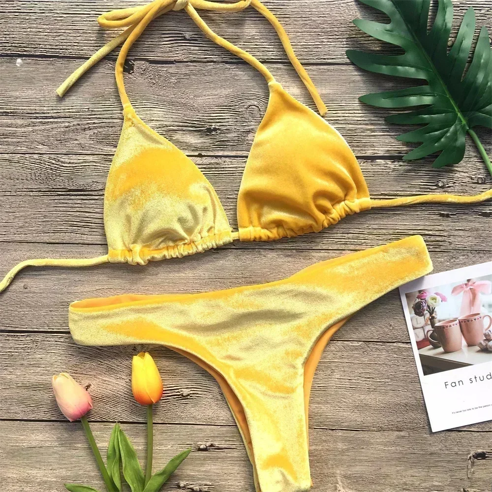 

Velvet Bikini Thong Halter Strappy Swimsuit Classic Swimwear Two Piece Women 2025 Beach Outfit Triangle Bikinis Set Bathing Suit