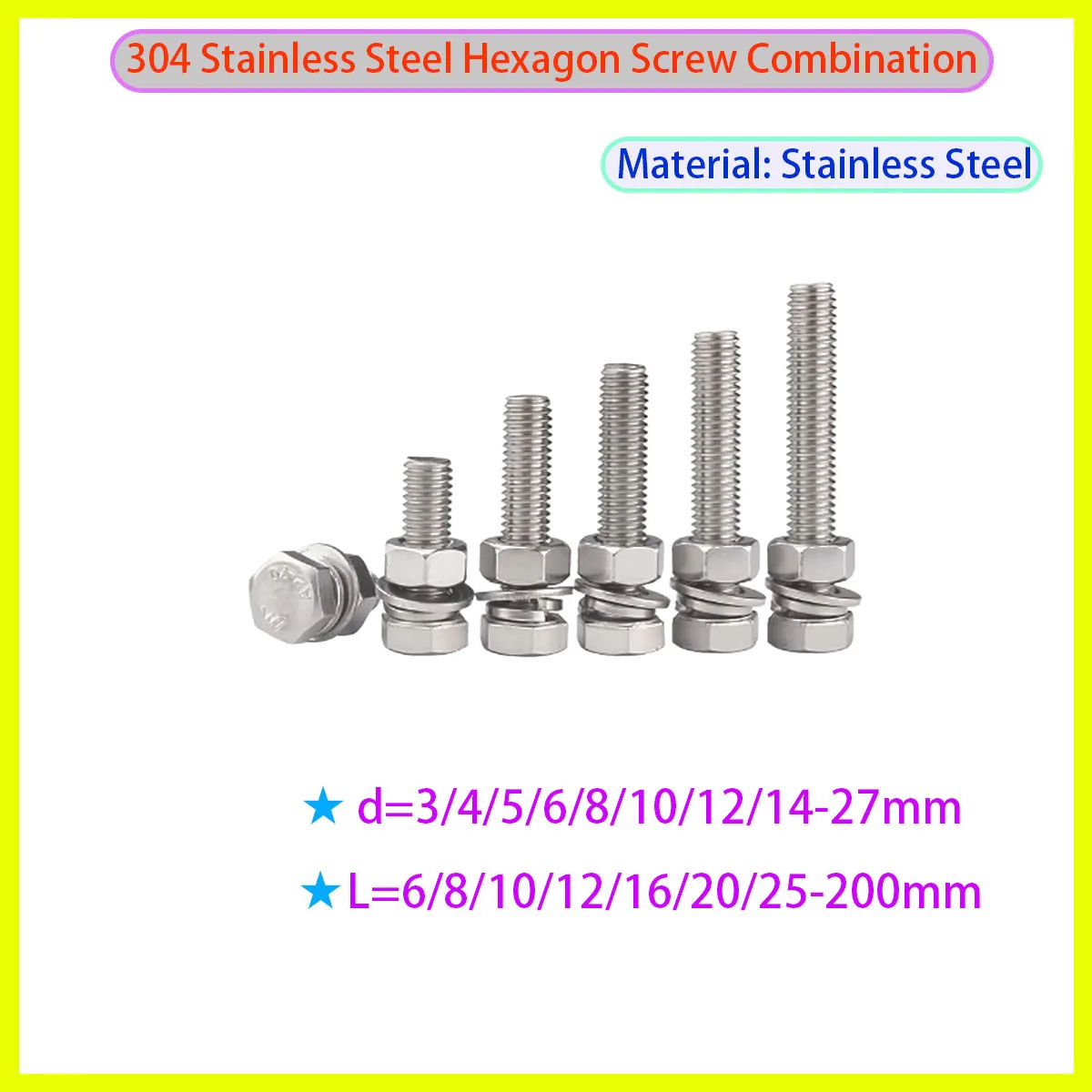 

304 Stainless Steel Hexagonal Bolt, Screw and Nut Combination