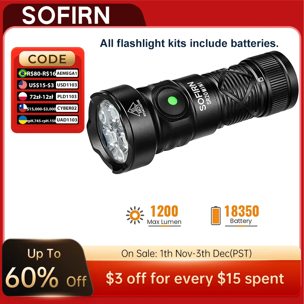New SOFIRN SR20 MINI 1200lm Flashlight 18350 USB C IP68 Waterproof with Red LED Key Light for Camping Emergency Situations