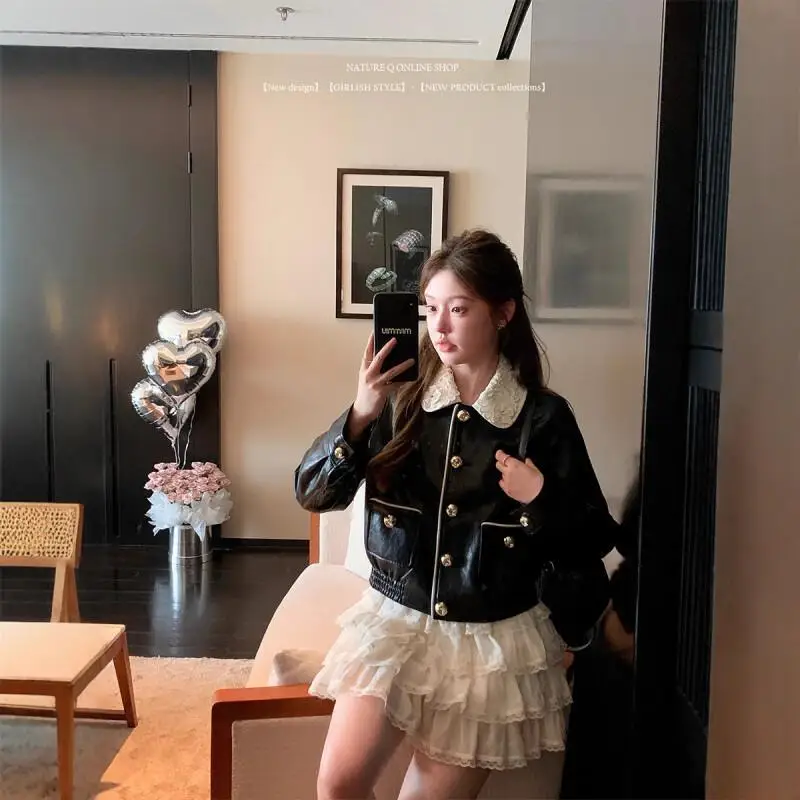 เสื้อแจ็คเก็ตหนังคอปีเตอร์แพนสไตล์เกาหลี เสื้อแจ็คเก็ตสั้นสำหรับผู้หญิง เสื้อโค้ทแฟชั่นสไตล์ลำลองสำหรับฤดูใบไม้ผลิและฤดูใบไม้ร่วง