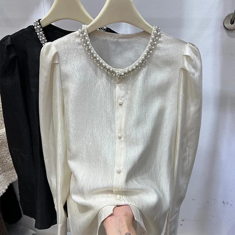 

Korean round neck studded long sleeved shirt for women's spring new 2024 design French shirt