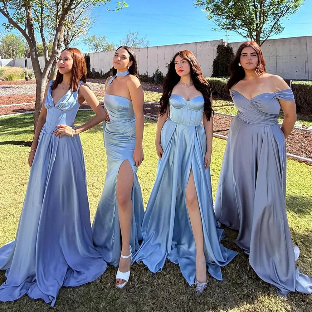

Light Blue Prom Dresses For Women Slit Evening Gown Vestidos Robe Customized Bridesmaid Party Gowns