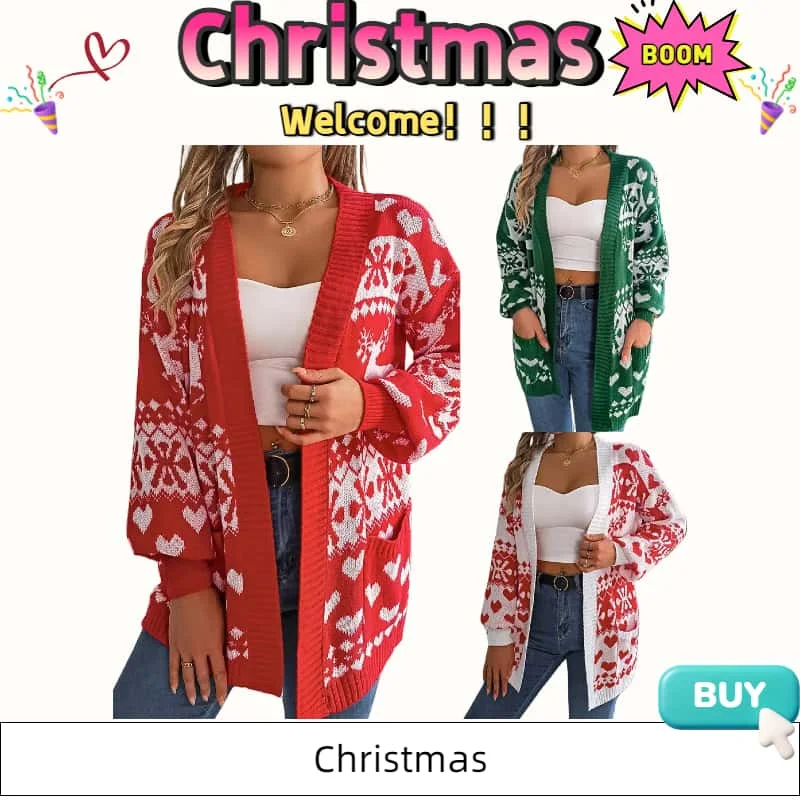 2025 Chaqueta tipo suéter tipo cárdigan de manga larga con bolsillo de reno navideño Otoño/Invierno