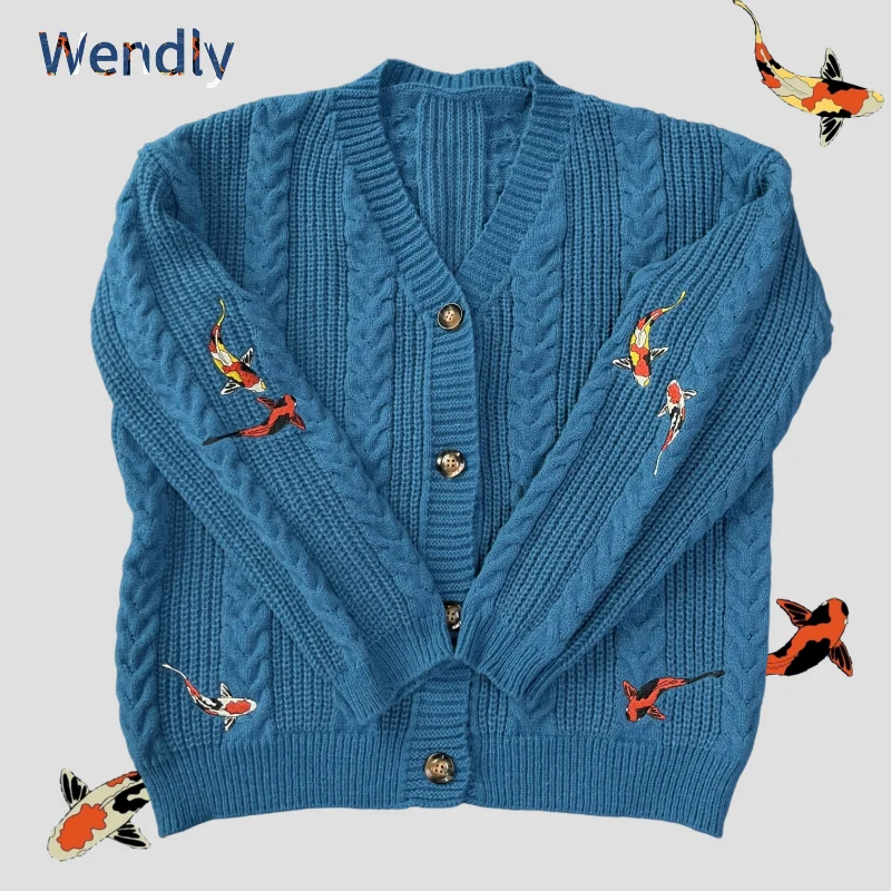 Koi Fish Cardigan Women Vintage Style Koi Carp Embroidery Sweater Female Autumn Winter Turquoise Knitted Cardigans Tops Y2k Girl