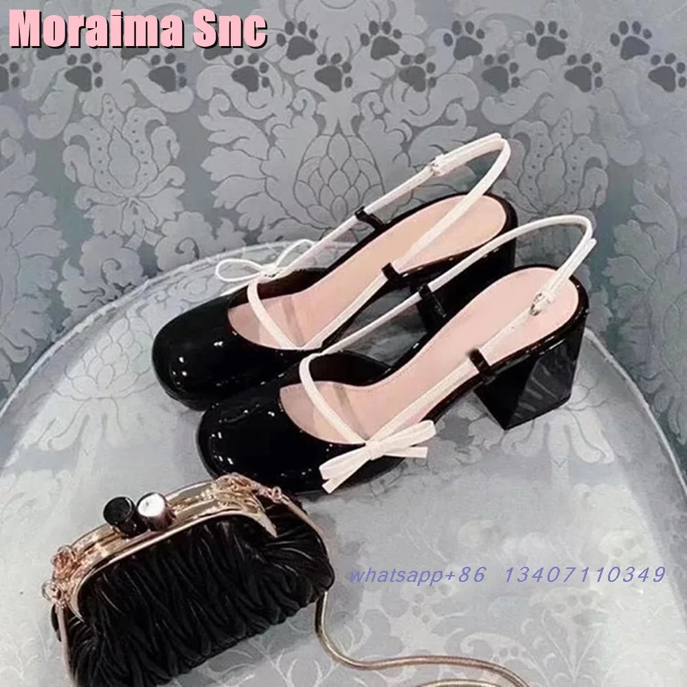 

Round Toe Butterfly Knot Sandals Patent Leather Mixed Colors Block Chunky Heel Slngback Sexy Fashion Women's Shoes Summer 2024