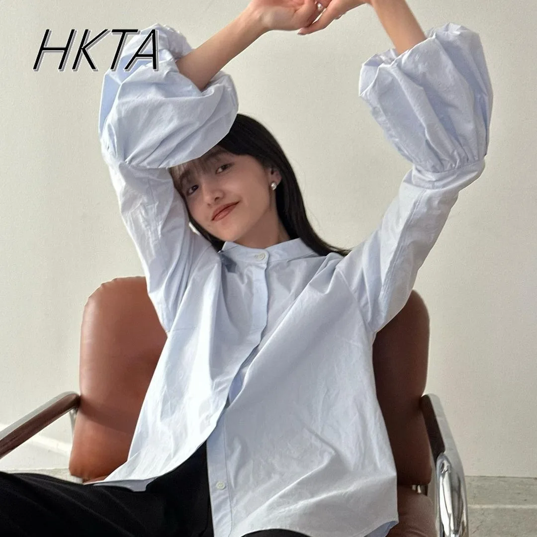 

Japanese Shirts Women Bubble Cuffs Pure Cotton Commuting Temperament Long-sleeved Blouse Black and White Shirt Womens Tops