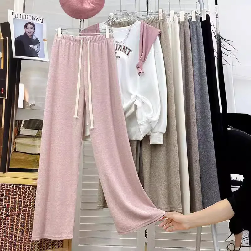 Women's Woolen Flannel Thickened Towel Pants High-Waisted Loose Fit Draped Rice Flour Wide Leg Pants Narrow Straight Casual