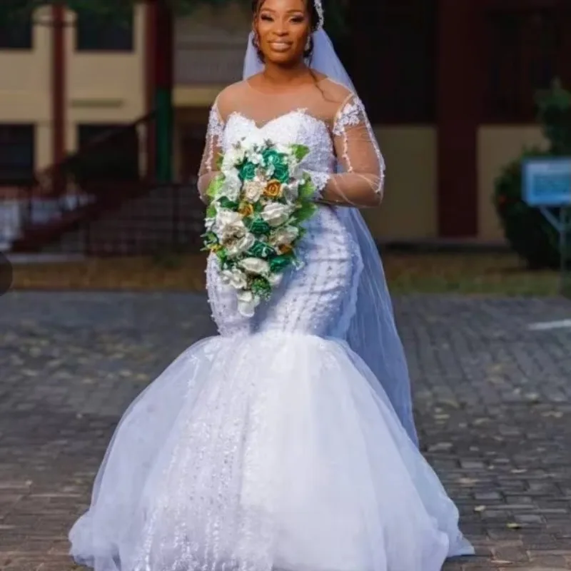 

Customized Customize Long Sleeve Luxury Appliques Pearls African Mermaid Wedding Dress Plus Size Fishtail Bridal Gown 2025