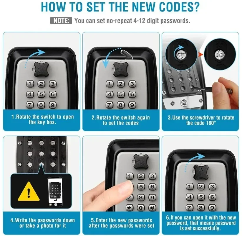 Password Key Lock Box Waterproof Wall Mounted Lock 12 Digit Combination Resettable Large Capacity Security Lock Box for Home Gar