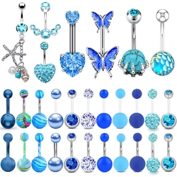 WKOUD 14G Stainless Steel Navel Belly Button Rings Women Fashion Belly Button Ring Piercing Body Piercings Jewelry Blue