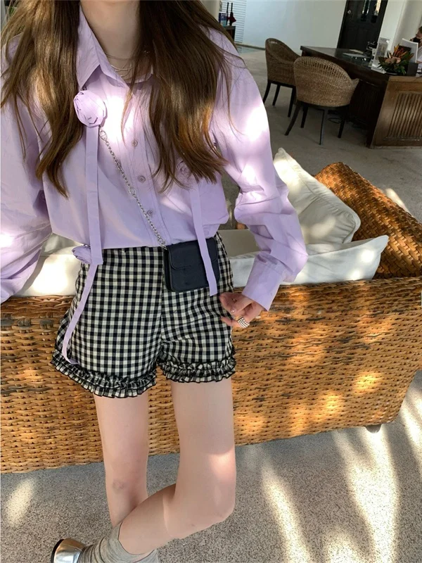 

Korean Style Pleated Floral Wide Leg Pants Women's Summer Thin Loose Slimming Versatile Plaid Casual Shorts High Waist