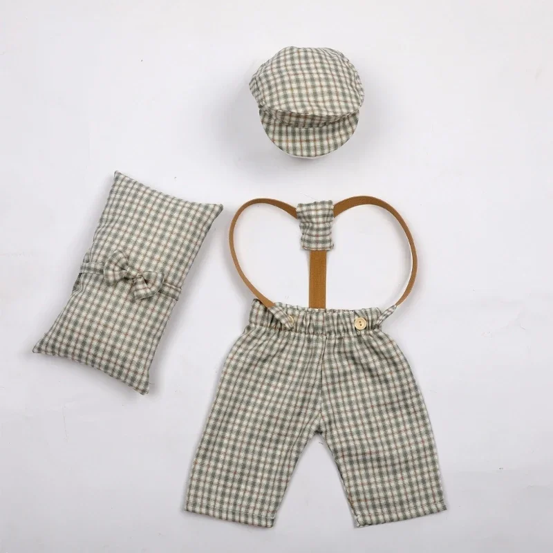 Newborn Photoshooting Clothes Vintage Plaid Uniform Hat & Suspender Pants Photo Costume Posing Pillow Fotografie Accessory