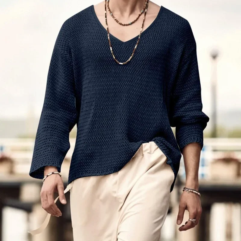 

Trendy Men T-shirt Knitted V-neck Long Sleeve Men's Clothing Streetwear Design Autumn Vintage Tops Loose Hollow Out Knit Sweater
