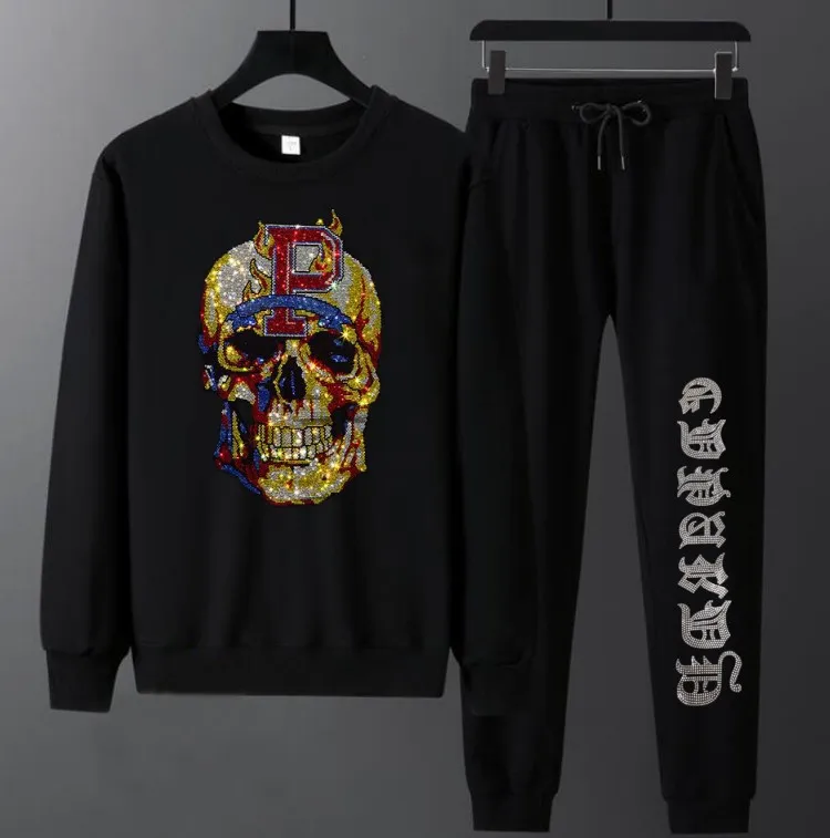 Fashion Diamonds Skull Men's Sets Casual Autumn Winter Round Neck Hoodie and Pant Suits Tracksuit Men Clothes Ropa De Hombres